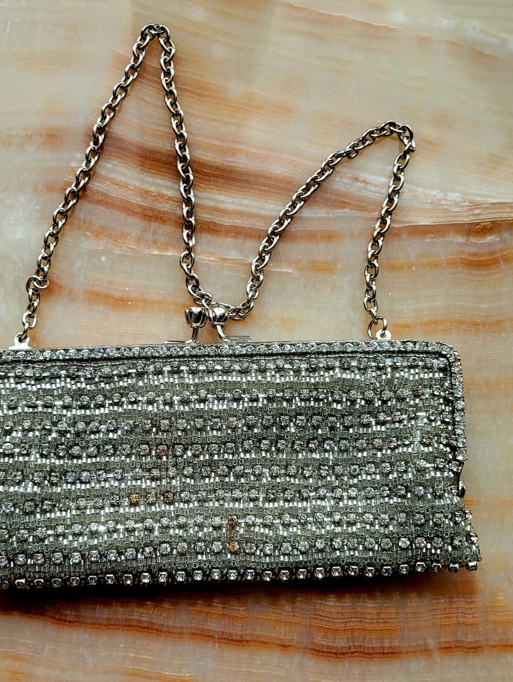 Silver Crystal-Embellished Evening Clutch with Chain Strap